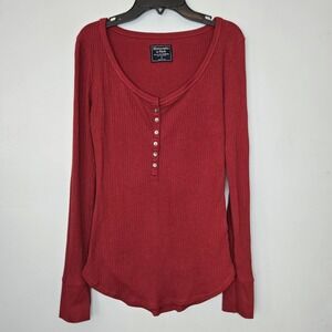 Abercrombie Y2K Red Henley Ribbed Top Small Women Cuffed Long Sleeve Bella Swan
